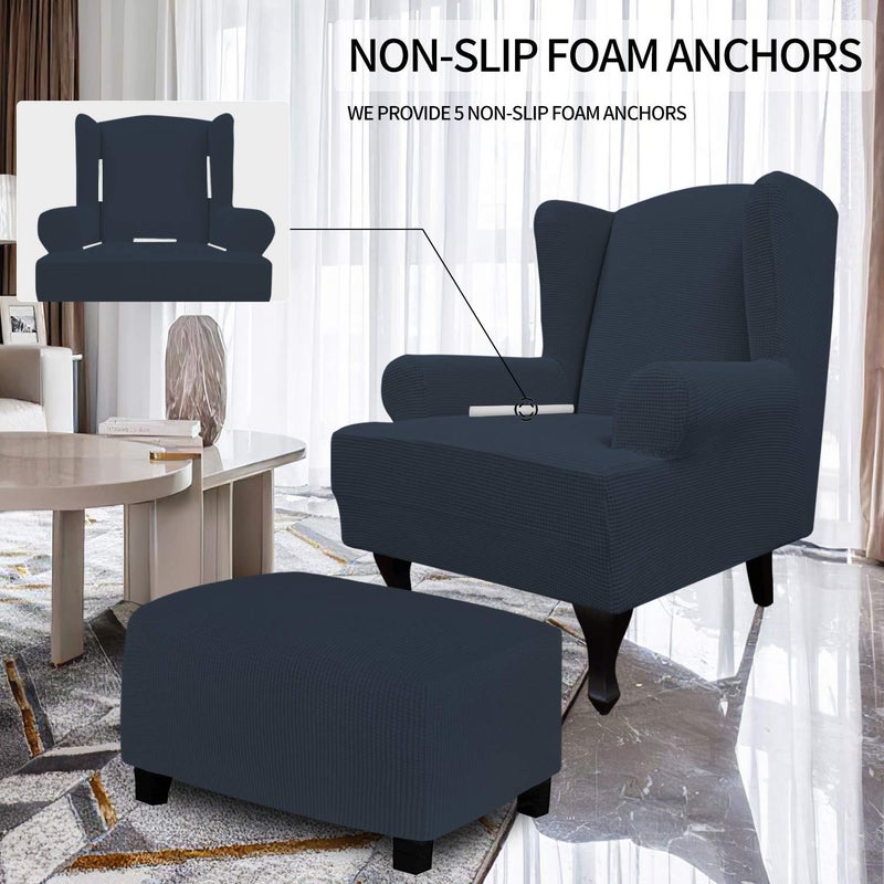 Easy-Going Stretch Wingback Chair Sofa Slipcover 1-Piece Sofa Cover Furniture Protector Couch Soft with Elastic Bottom, Spandex Jacquard Fabric Small Checks(Large,Dark Blue) - Image 3